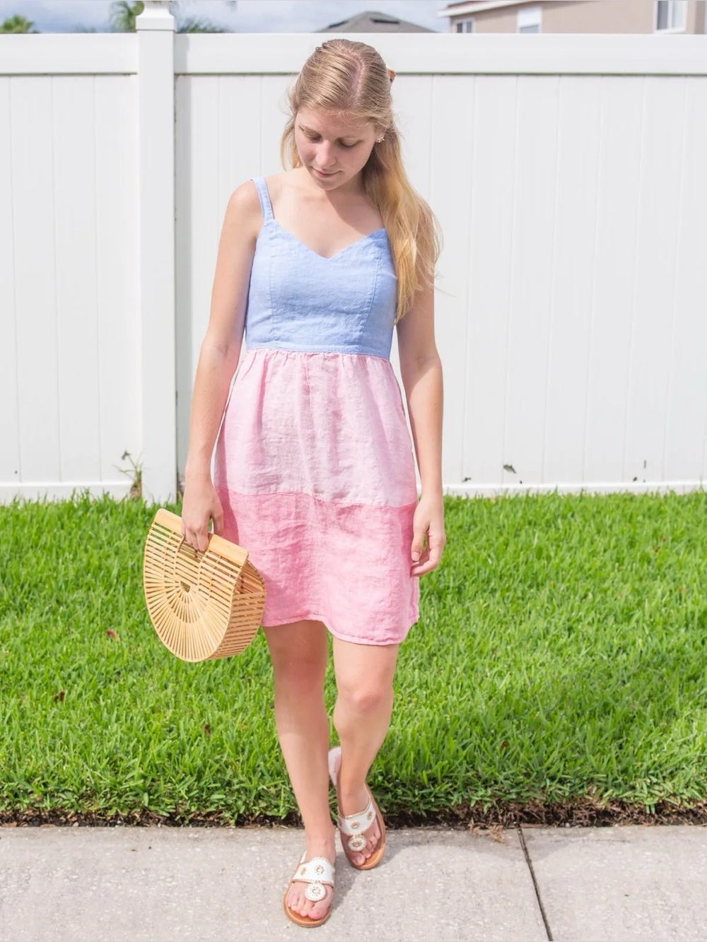Feminine Coastal‎ Linen A Line Sundress Pastel Colorblock Vacation Dress M/US 8